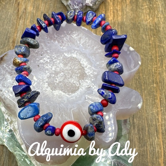 Evil’s eye coral statement lapis lazuli beaded bracelet - Picture 1 of 5